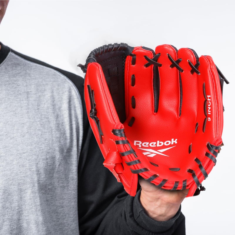 Reebok - Youth Baseball Glove Set, 9-Inch Kids Sports Glove with Foam Ball, Training Mitt for Beginners, Practice & Backyard Play (Red) - Image 2